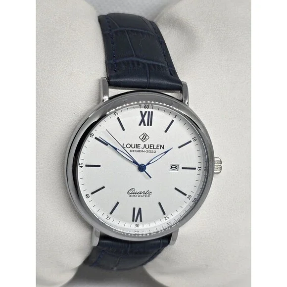 Man's Classic Luxury Round Date Silver Tone Case Blue Leather Strap Watch 13 - Picture 3 of 8